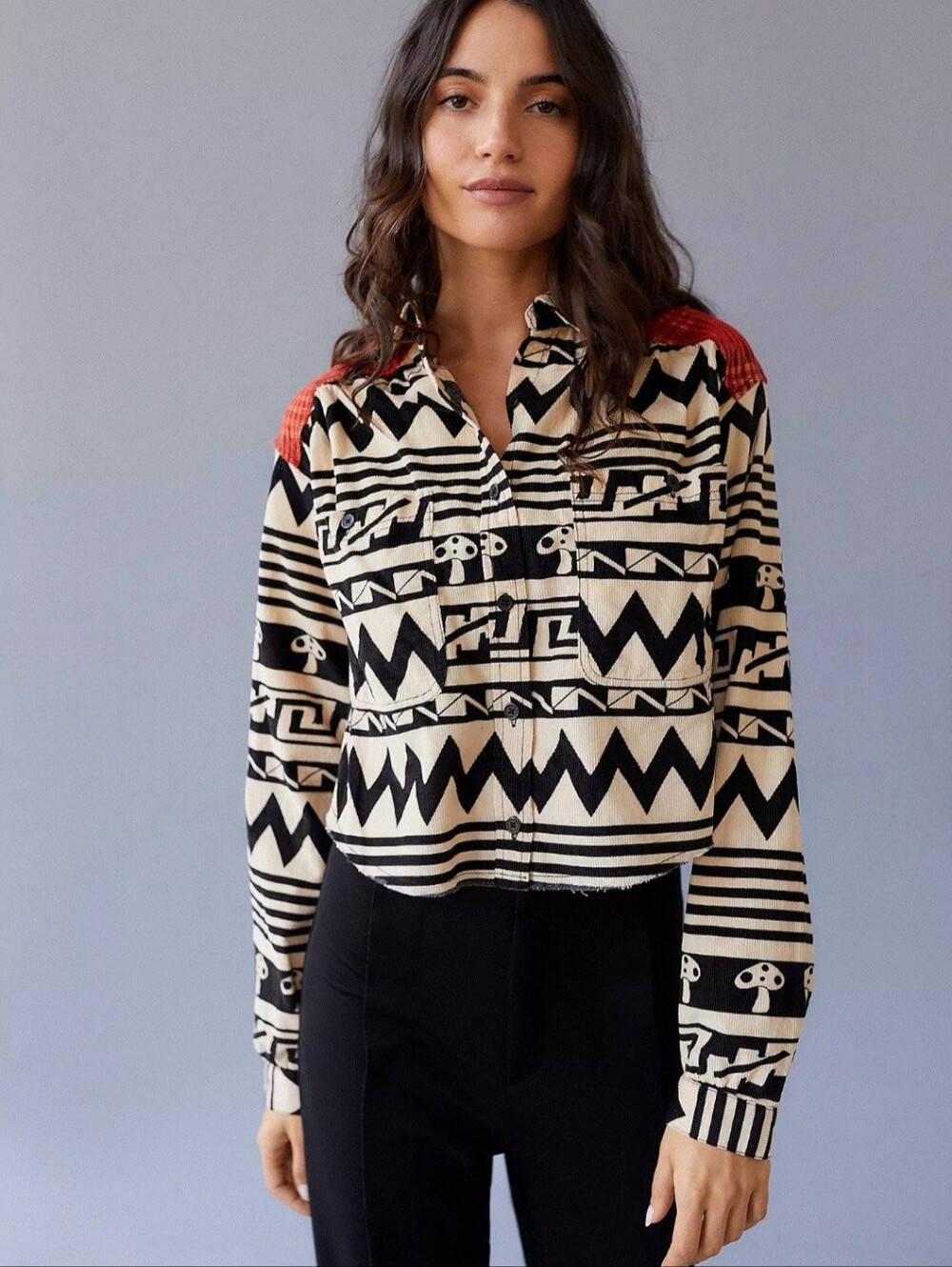 BDG Urban Outfitters Tripped Up Mushroom Corduroy Button Down Western Shirt